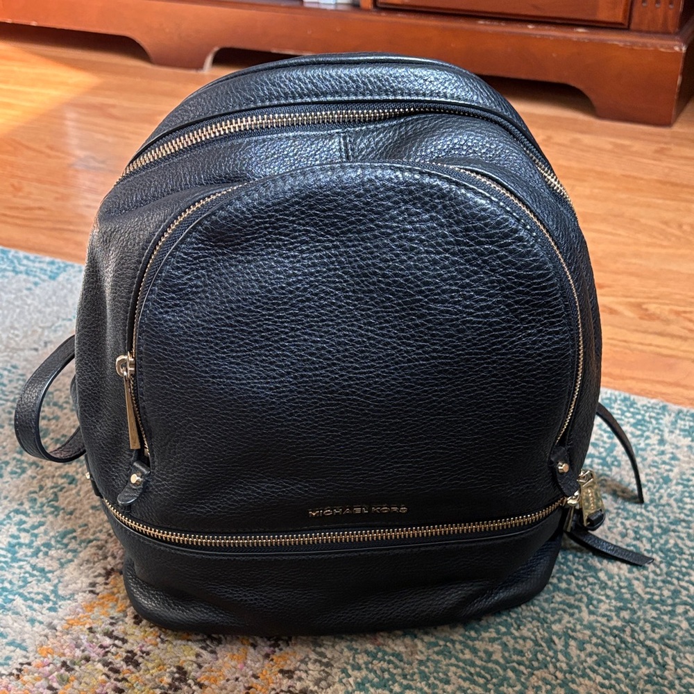 Michael Kors Black Leather Backpack with Gold Accents